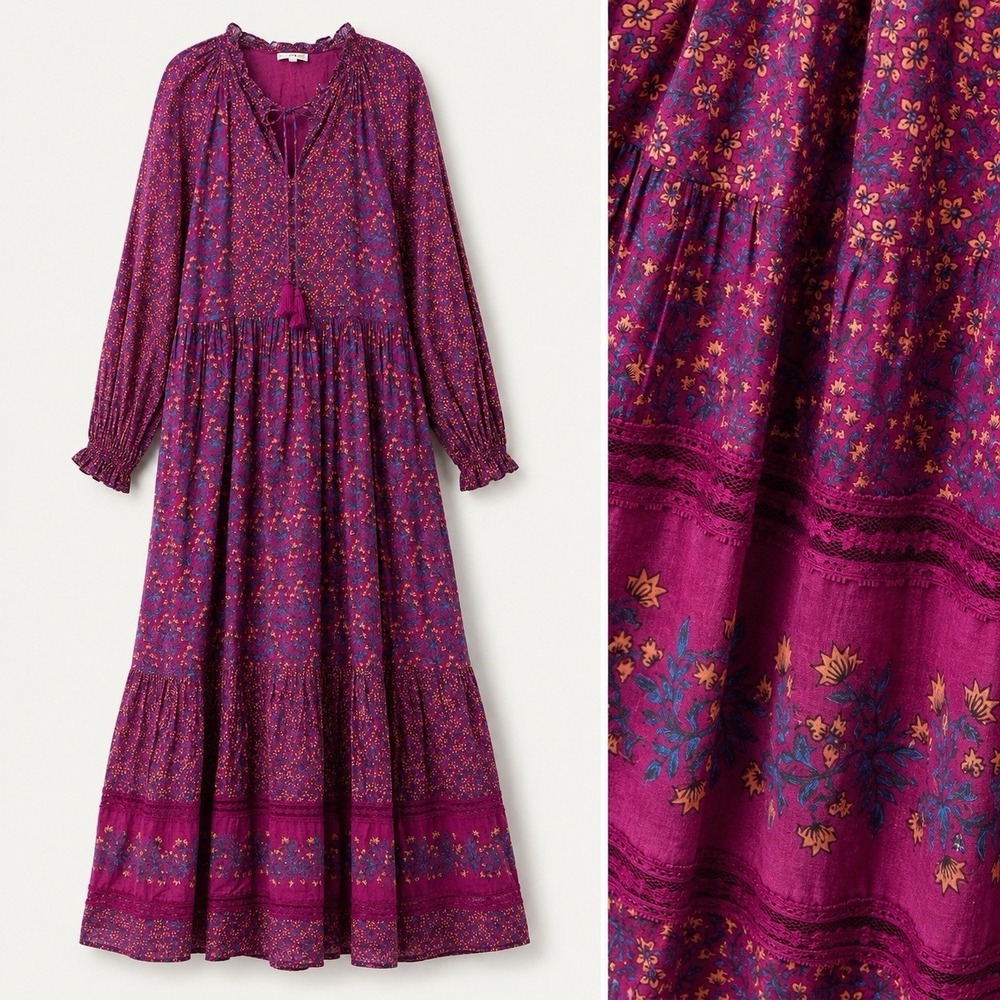 Roller Rabbit Cerro Garnet Dress Sz L Floral Boho Tiered Maxi India Cottgecore